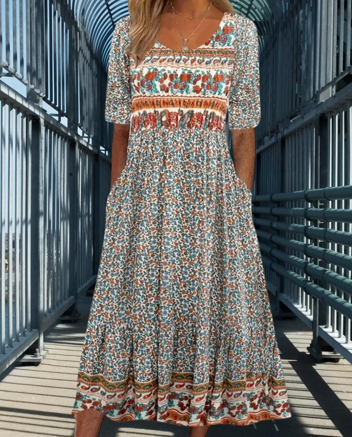 Boho Floral Maxi Dress for Women Casual Loose Summer Short Sleeve Beach Vacation Dresses with Pockets