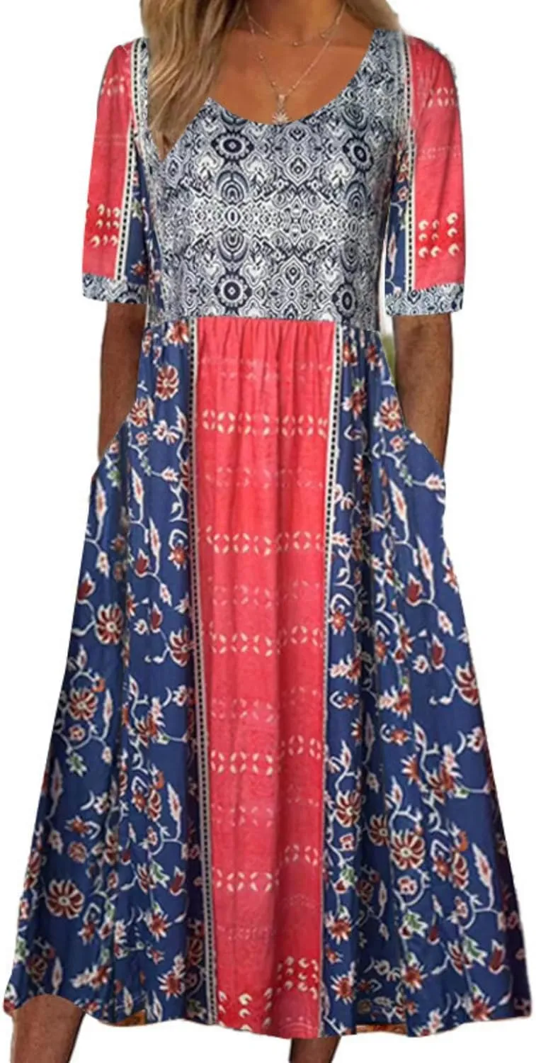 Boho Floral Maxi Dress for Women Casual Loose Summer Short Sleeve Beach Vacation Dresses with Pockets