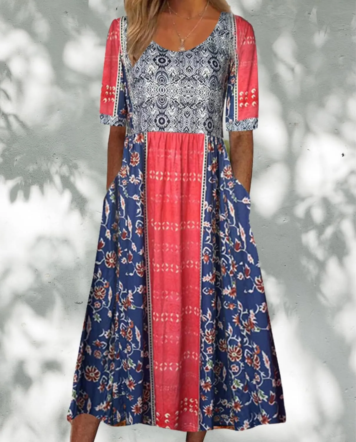 Boho Floral Maxi Dress for Women Casual Loose Summer Short Sleeve Beach Vacation Dresses with Pockets