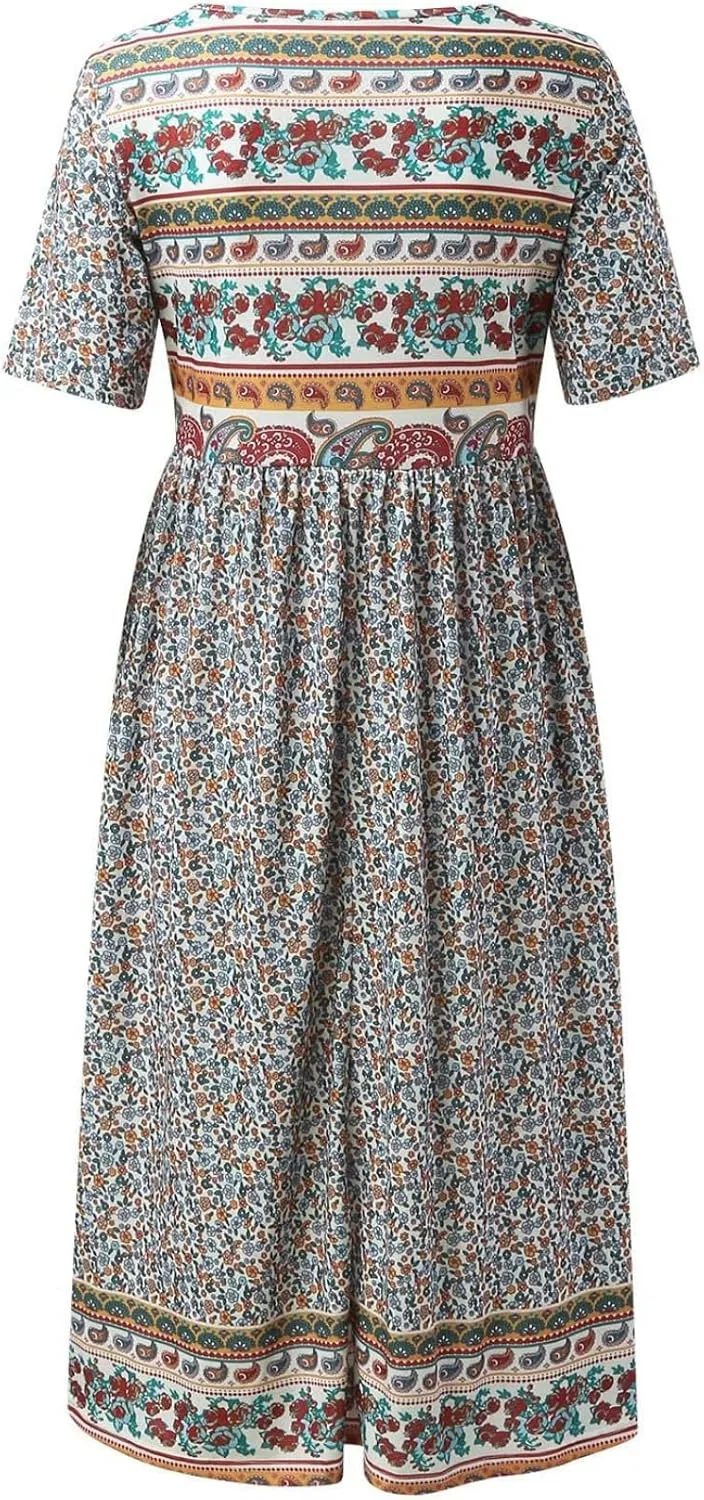 Boho Floral Maxi Dress for Women Casual Loose Summer Short Sleeve Beach Vacation Dresses with Pockets