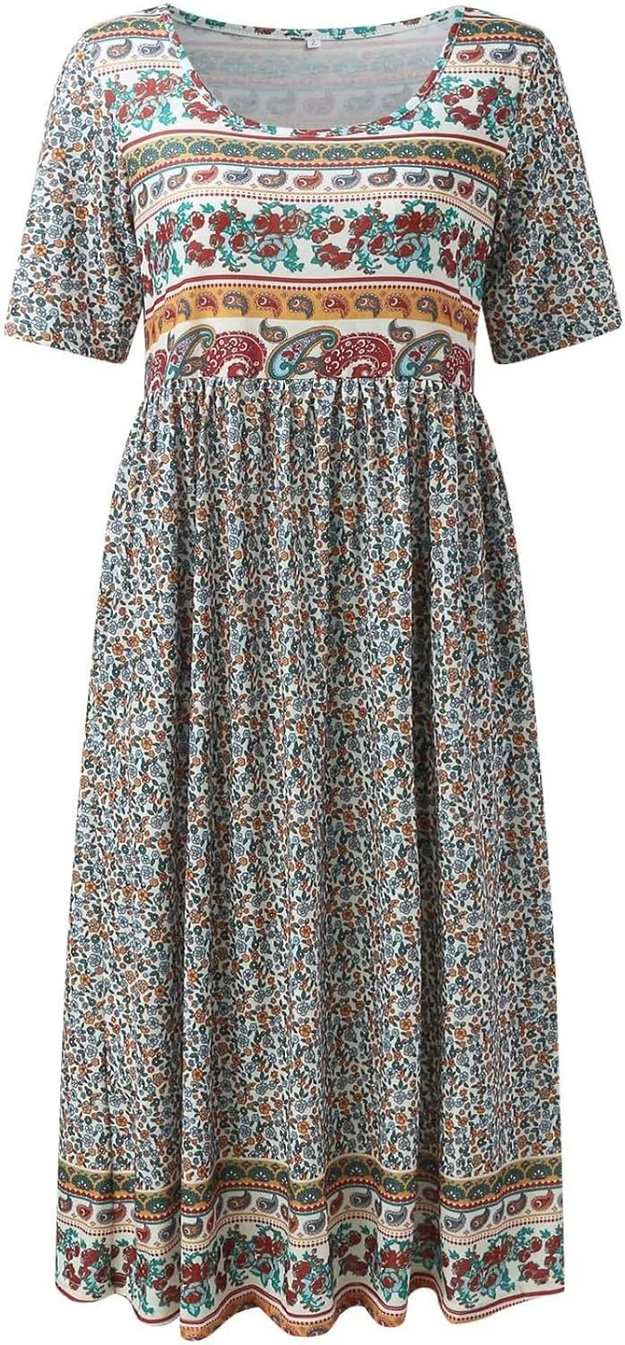 Boho Floral Maxi Dress for Women Casual Loose Summer Short Sleeve Beach Vacation Dresses with Pockets