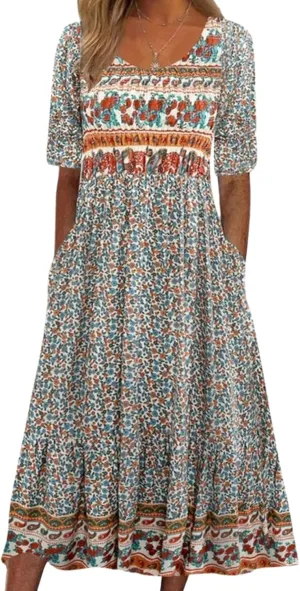 Boho Floral Maxi Dress for Women Casual Loose Summer Short Sleeve Beach Vacation Dresses with Pockets