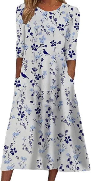 Boho Floral Maxi Dress for Women Casual Loose Summer Short Sleeve Beach Vacation Dresses with Pockets