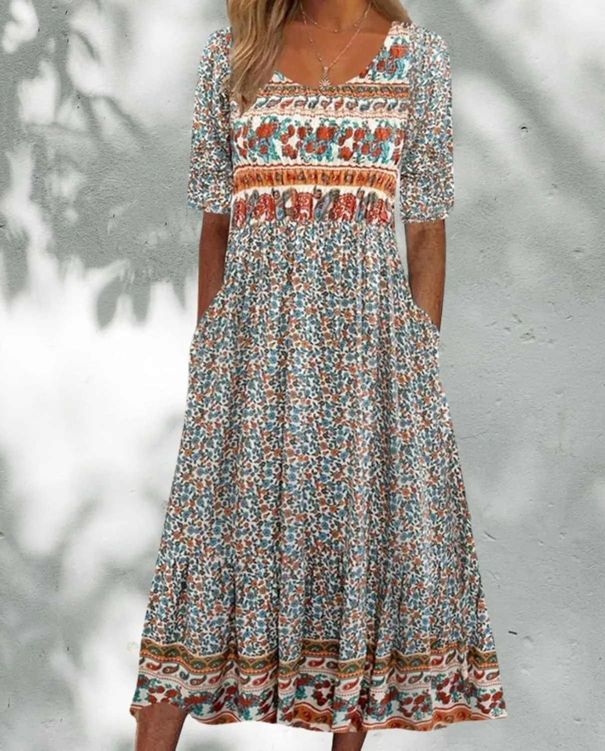 Boho Floral Maxi Dress for Women Casual Loose Summer Short Sleeve Beach Vacation Dresses with Pockets