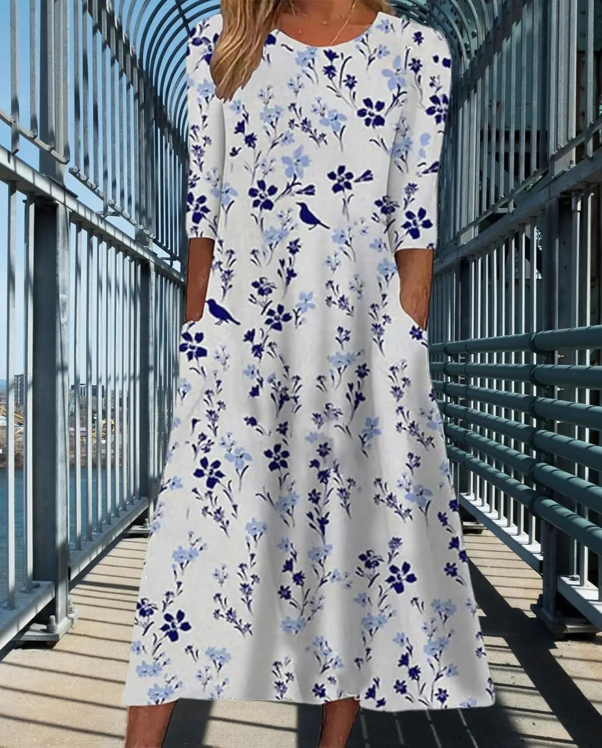 Boho Floral Maxi Dress for Women Casual Loose Summer Short Sleeve Beach Vacation Dresses with Pockets