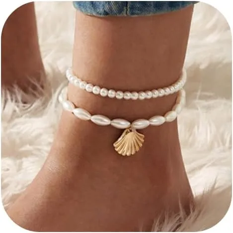 Boho Pearl Anklet Layered Ankle Bracelets Beaded Scallop Pendant Foot Chain Jewelry for Women