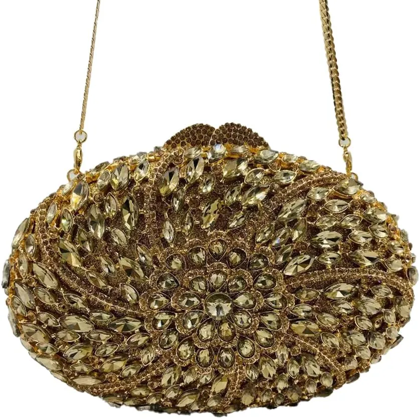 Brilliant Flower Rhinestones Evening Bag for Women Oval Clutch Purse with Detachable Chain Formal Party Handbag