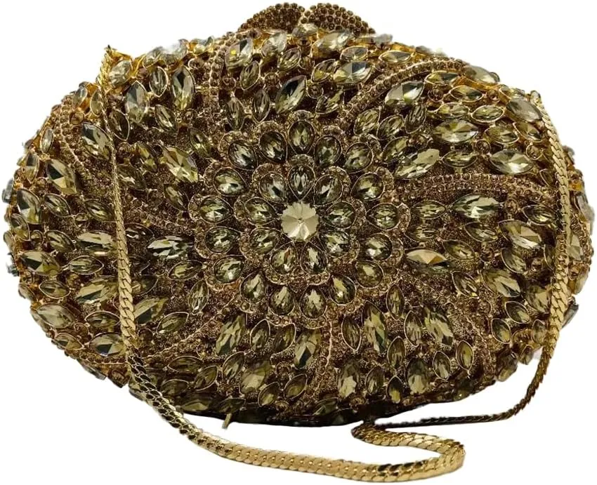 Brilliant Flower Rhinestones Evening Bag for Women Oval Clutch Purse with Detachable Chain Formal Party Handbag