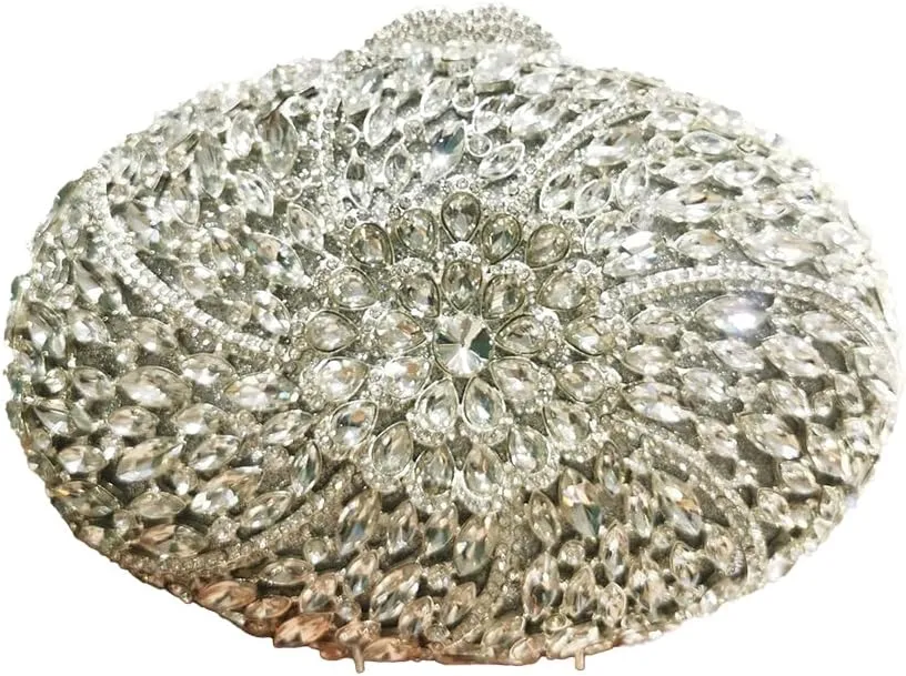 Brilliant Flower Rhinestones Evening Bag for Women Oval Clutch Purse with Detachable Chain Formal Party Handbag