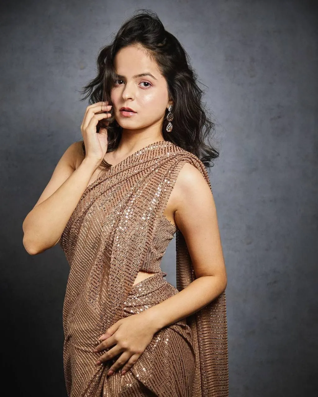 Brown Georgette Premium Sequins Saree