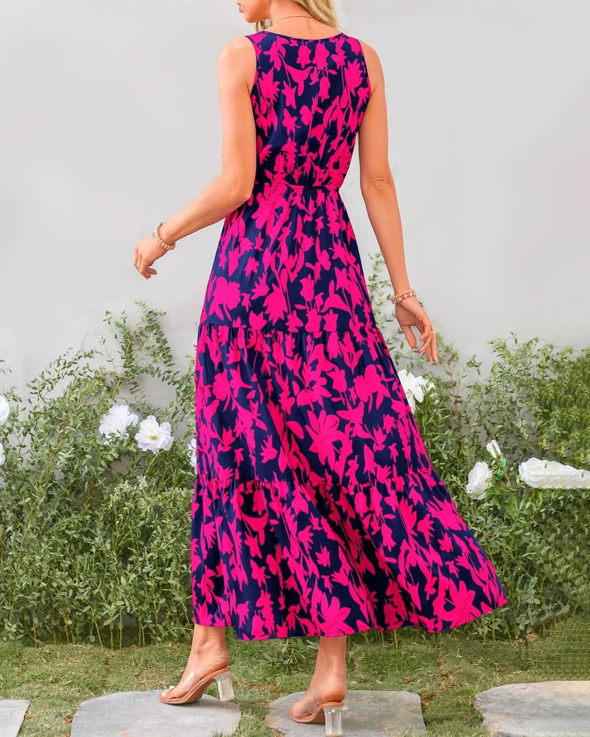 BTFBM Women Summer Dresses Casual Sleeveless Maxi Dresses Cute Floral Long Dress Wedding Guest Dress