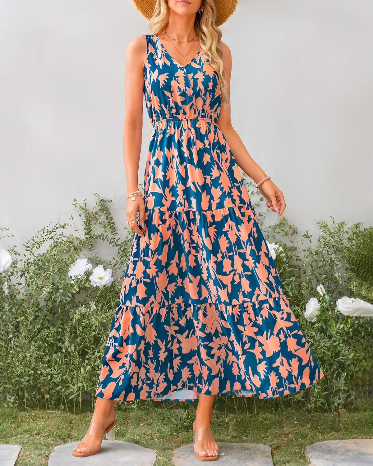 BTFBM Women Summer Dresses Casual Sleeveless Maxi Dresses Cute Floral Long Dress Wedding Guest Dress