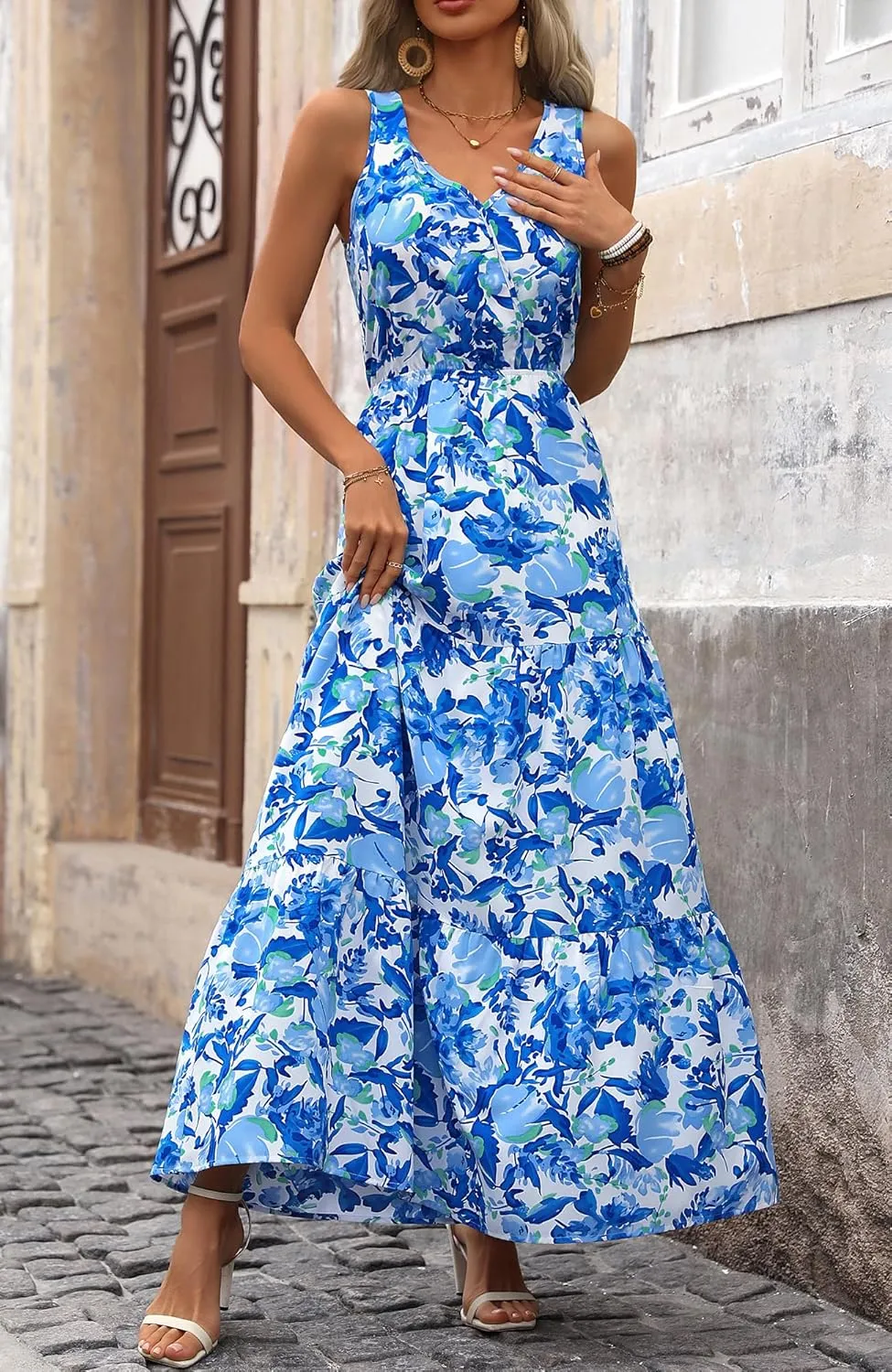 BTFBM Women Summer Dresses Casual Sleeveless Maxi Dresses Cute Floral Long Dress Wedding Guest Dress