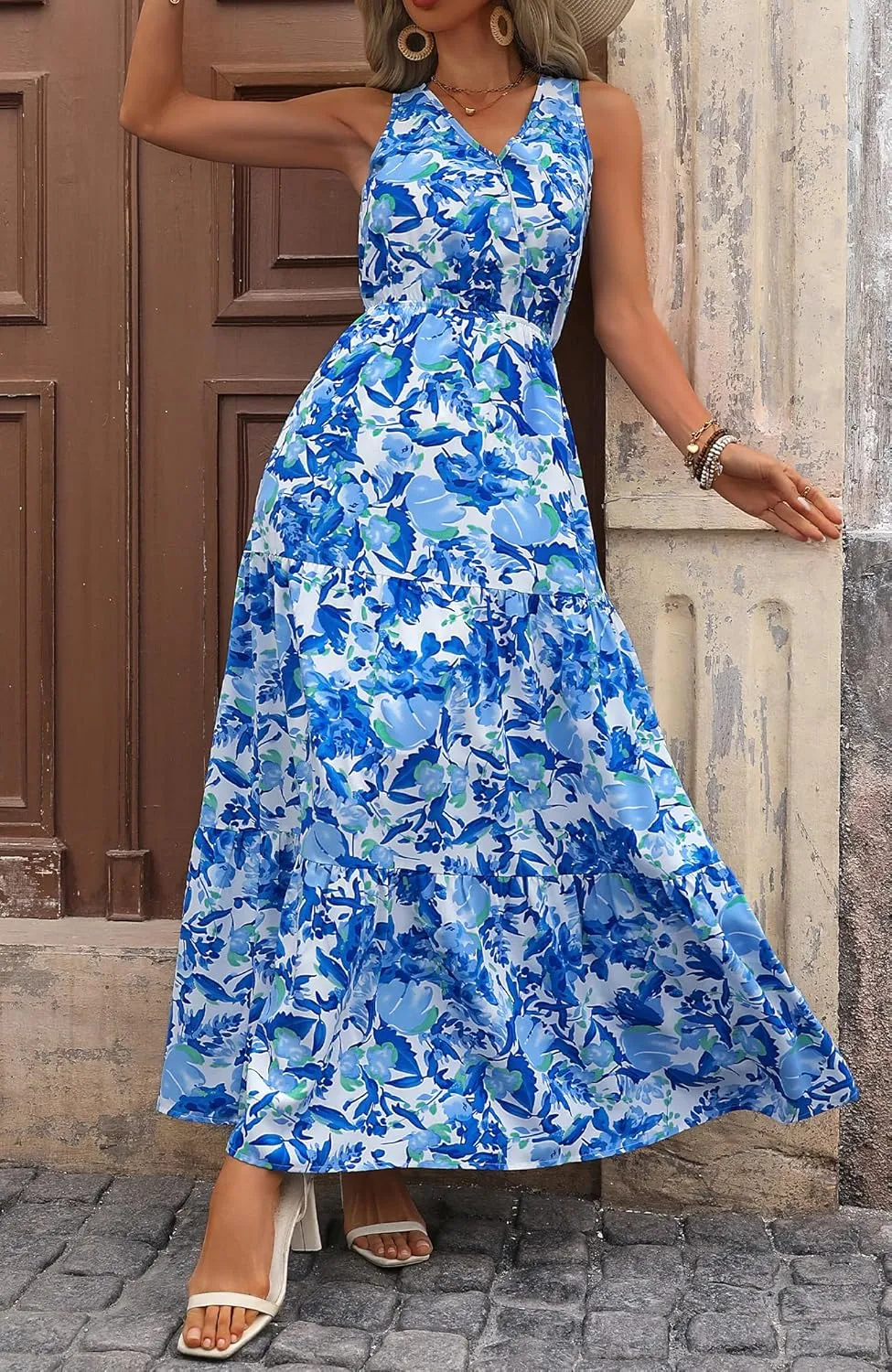 BTFBM Women Summer Dresses Casual Sleeveless Maxi Dresses Cute Floral Long Dress Wedding Guest Dress