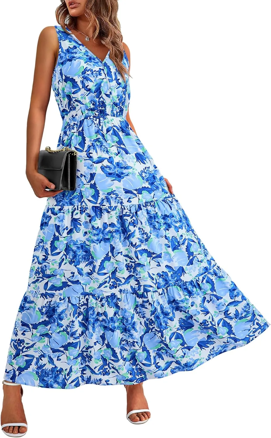 BTFBM Women Summer Dresses Casual Sleeveless Maxi Dresses Cute Floral Long Dress Wedding Guest Dress