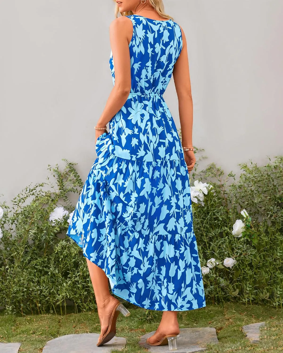 BTFBM Women Summer Dresses Casual Sleeveless Maxi Dresses Cute Floral Long Dress Wedding Guest Dress