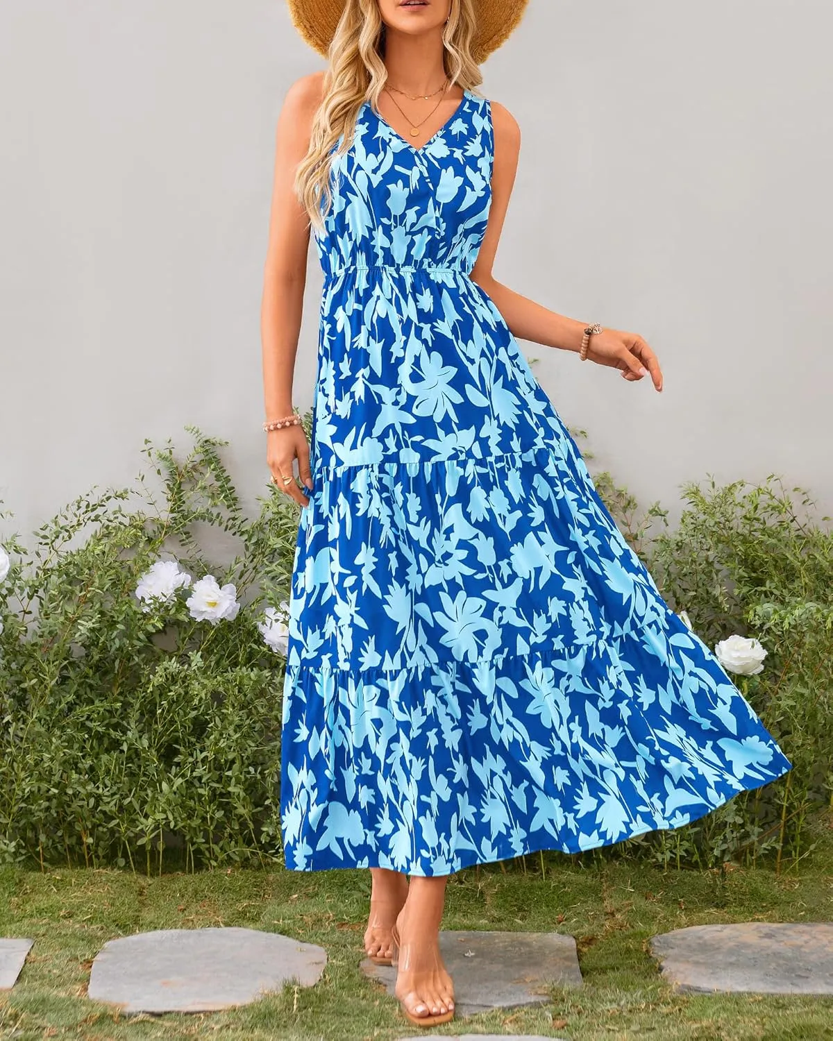 BTFBM Women Summer Dresses Casual Sleeveless Maxi Dresses Cute Floral Long Dress Wedding Guest Dress