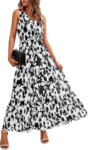 BTFBM Women Summer Dresses Casual Sleeveless Maxi Dresses Cute Floral Long Dress Wedding Guest Dress