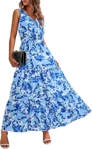 BTFBM Women Summer Dresses Casual Sleeveless Maxi Dresses Cute Floral Long Dress Wedding Guest Dress