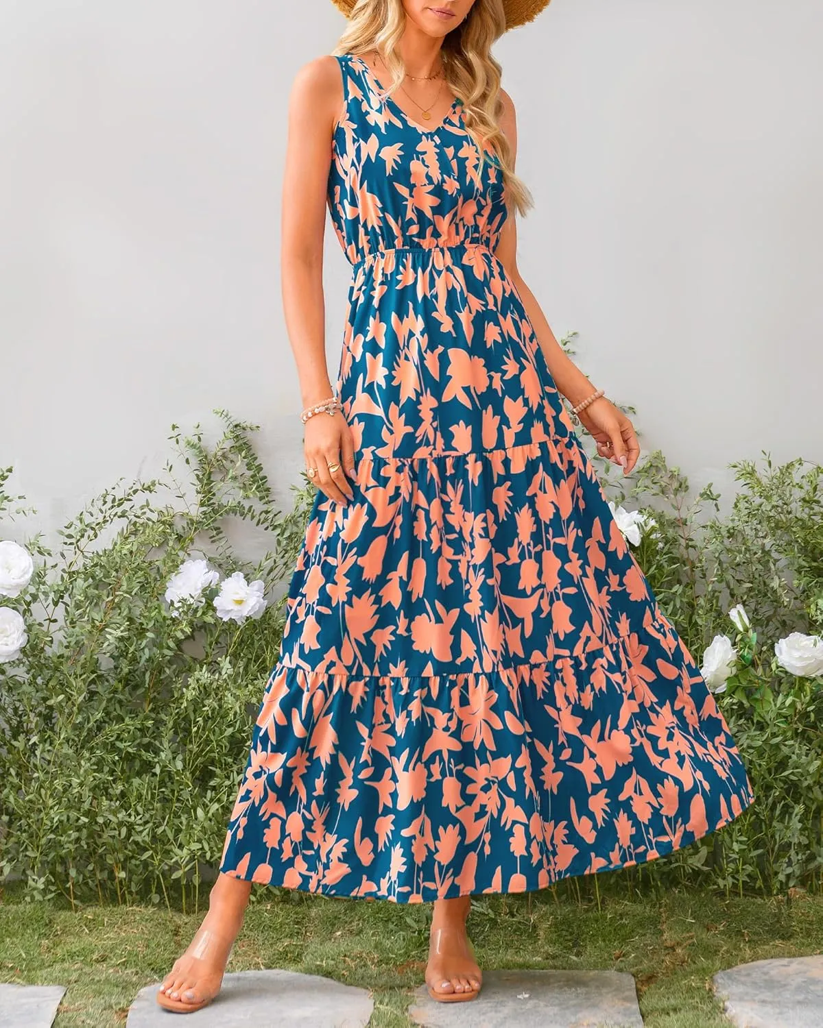 BTFBM Women Summer Dresses Casual Sleeveless Maxi Dresses Cute Floral Long Dress Wedding Guest Dress