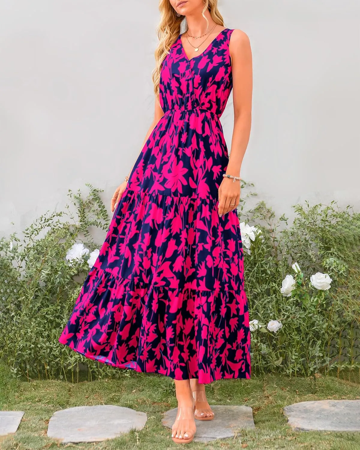 BTFBM Women Summer Dresses Casual Sleeveless Maxi Dresses Cute Floral Long Dress Wedding Guest Dress