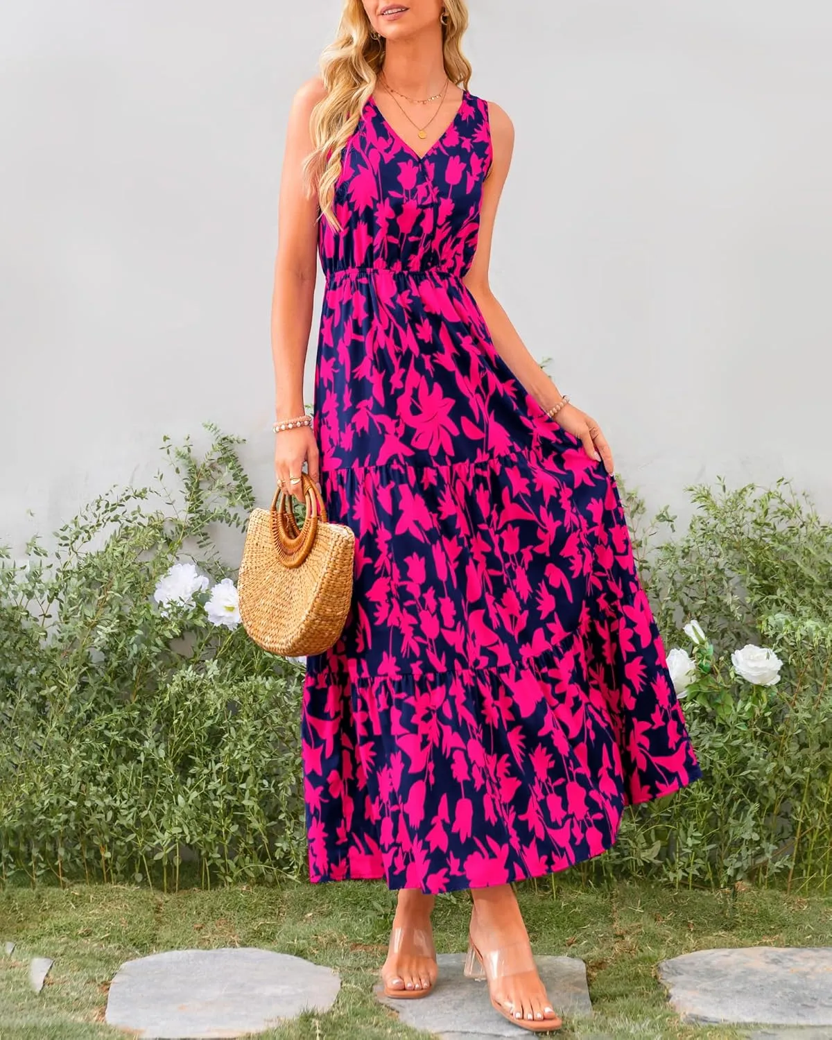 BTFBM Women Summer Dresses Casual Sleeveless Maxi Dresses Cute Floral Long Dress Wedding Guest Dress