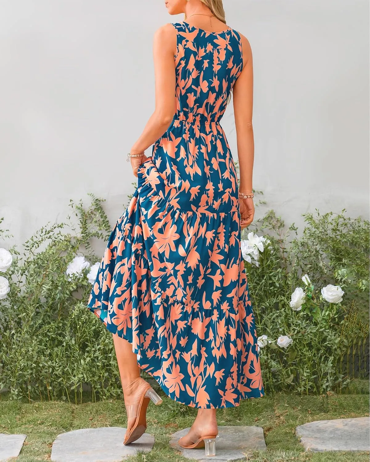 BTFBM Women Summer Dresses Casual Sleeveless Maxi Dresses Cute Floral Long Dress Wedding Guest Dress
