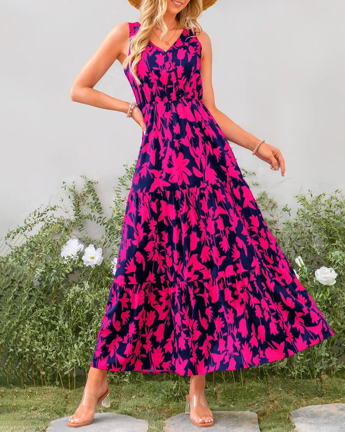 BTFBM Women Summer Dresses Casual Sleeveless Maxi Dresses Cute Floral Long Dress Wedding Guest Dress