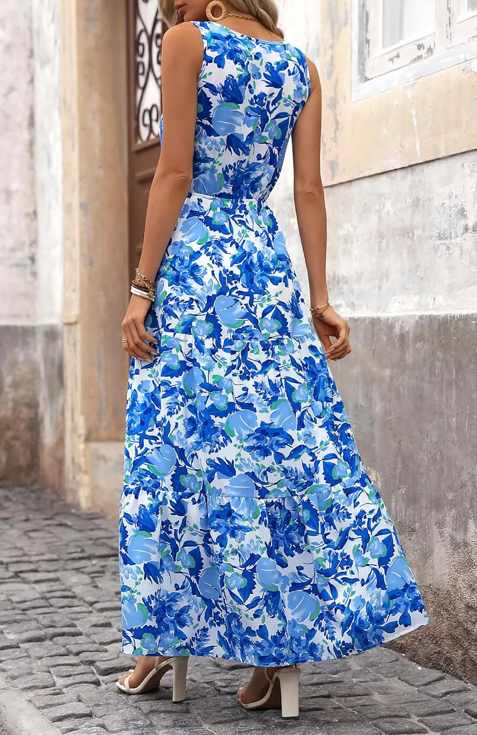 BTFBM Women Summer Dresses Casual Sleeveless Maxi Dresses Cute Floral Long Dress Wedding Guest Dress
