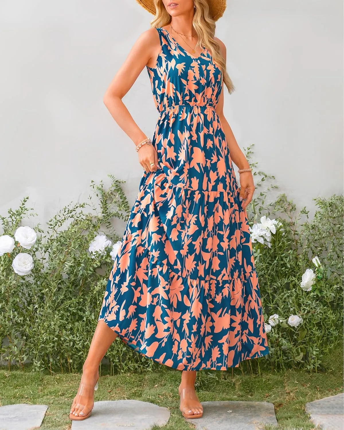 BTFBM Women Summer Dresses Casual Sleeveless Maxi Dresses Cute Floral Long Dress Wedding Guest Dress