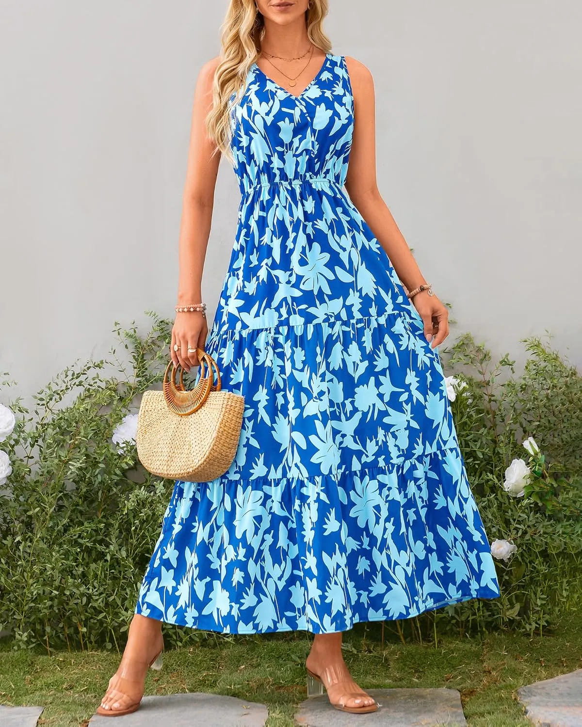 BTFBM Women Summer Dresses Casual Sleeveless Maxi Dresses Cute Floral Long Dress Wedding Guest Dress