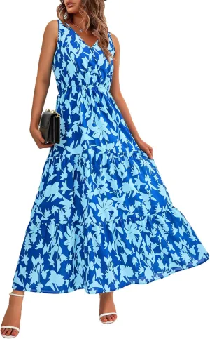 BTFBM Women Summer Dresses Casual Sleeveless Maxi Dresses Cute Floral Long Dress Wedding Guest Dress
