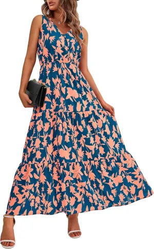 BTFBM Women Summer Dresses Casual Sleeveless Maxi Dresses Cute Floral Long Dress Wedding Guest Dress