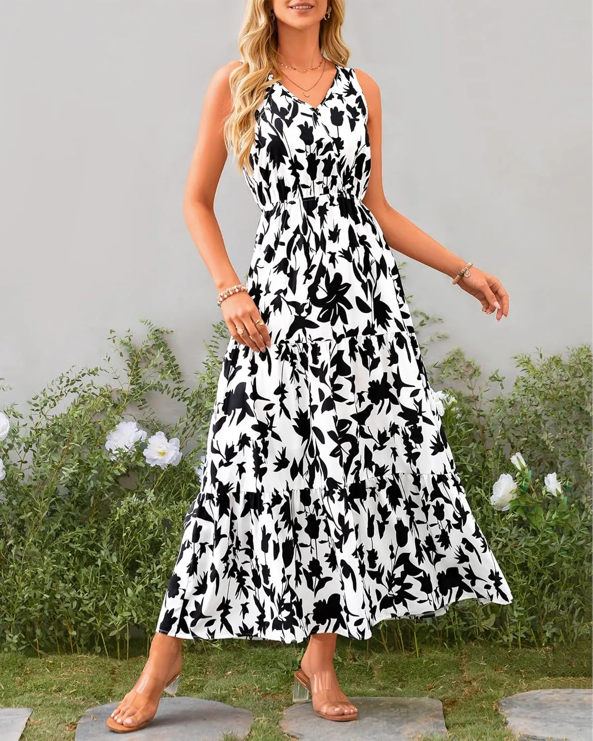 BTFBM Women Summer Dresses Casual Sleeveless Maxi Dresses Cute Floral Long Dress Wedding Guest Dress