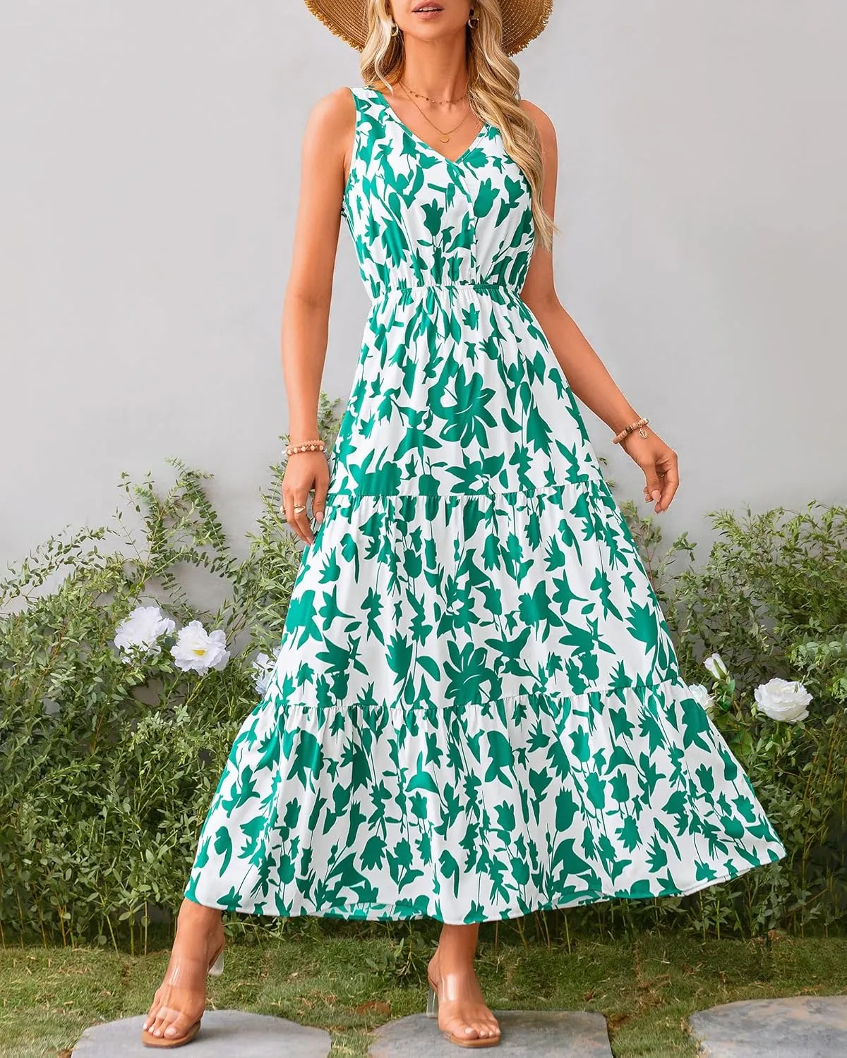 BTFBM Women Summer Dresses Casual Sleeveless Maxi Dresses Cute Floral Long Dress Wedding Guest Dress