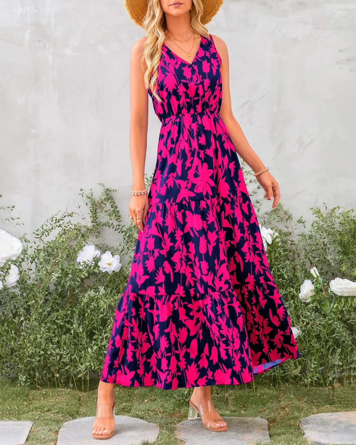BTFBM Women Summer Dresses Casual Sleeveless Maxi Dresses Cute Floral Long Dress Wedding Guest Dress