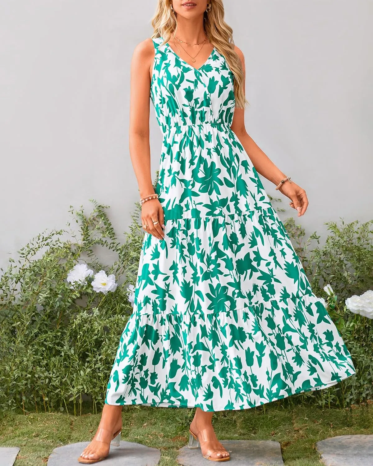 BTFBM Women Summer Dresses Casual Sleeveless Maxi Dresses Cute Floral Long Dress Wedding Guest Dress