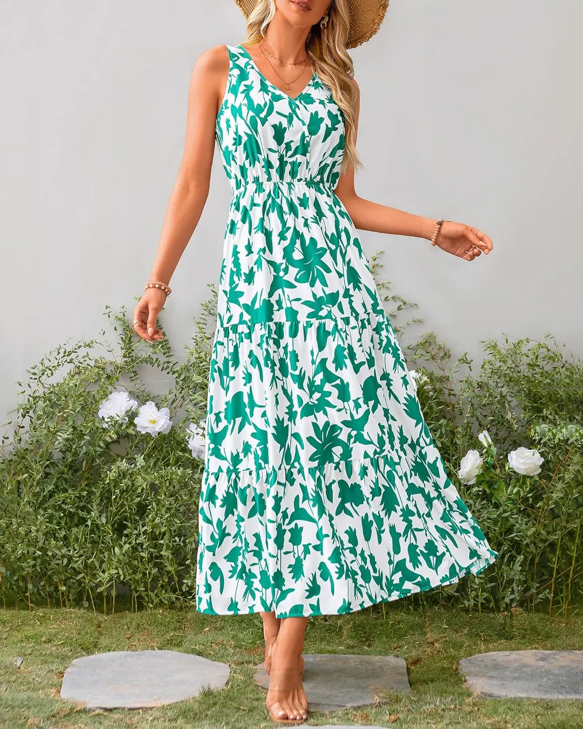 BTFBM Women Summer Dresses Casual Sleeveless Maxi Dresses Cute Floral Long Dress Wedding Guest Dress