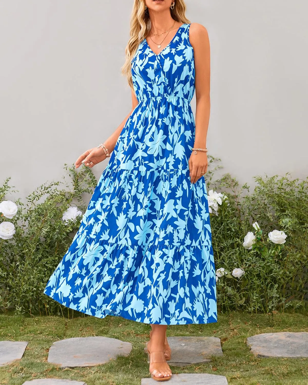 BTFBM Women Summer Dresses Casual Sleeveless Maxi Dresses Cute Floral Long Dress Wedding Guest Dress