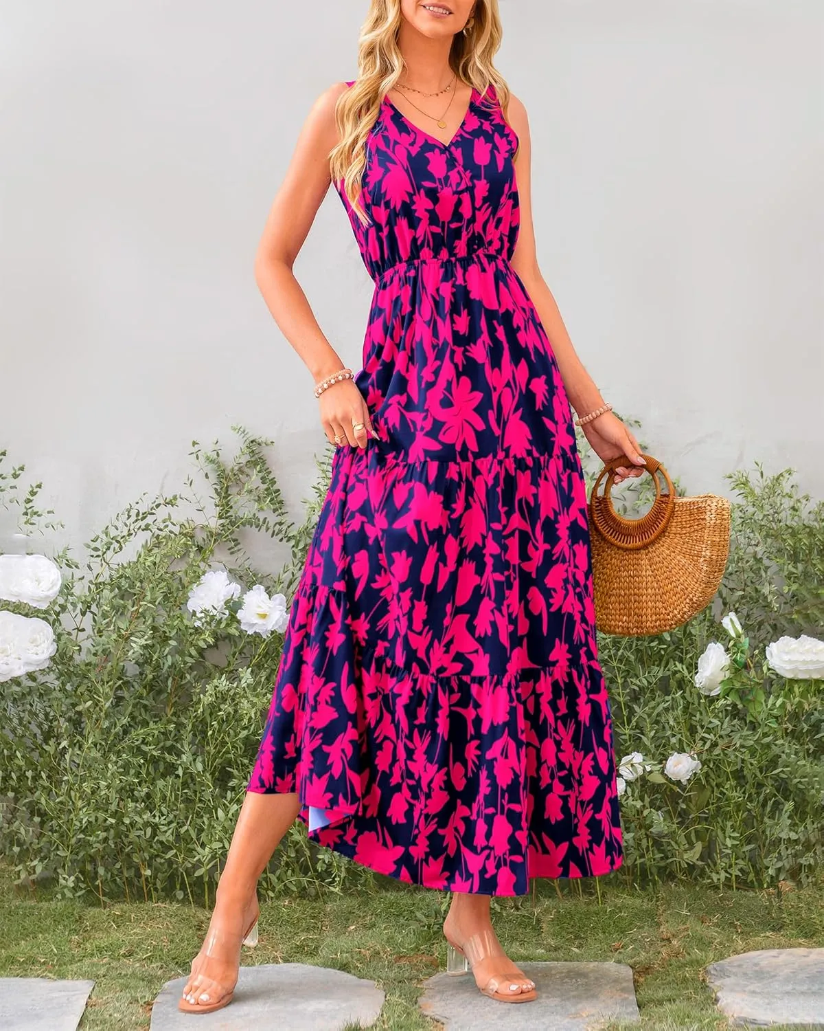 BTFBM Women Summer Dresses Casual Sleeveless Maxi Dresses Cute Floral Long Dress Wedding Guest Dress