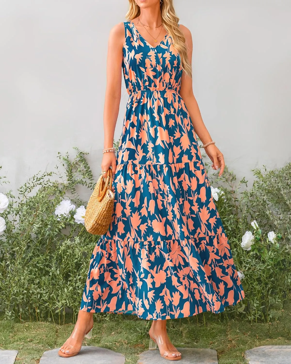 BTFBM Women Summer Dresses Casual Sleeveless Maxi Dresses Cute Floral Long Dress Wedding Guest Dress