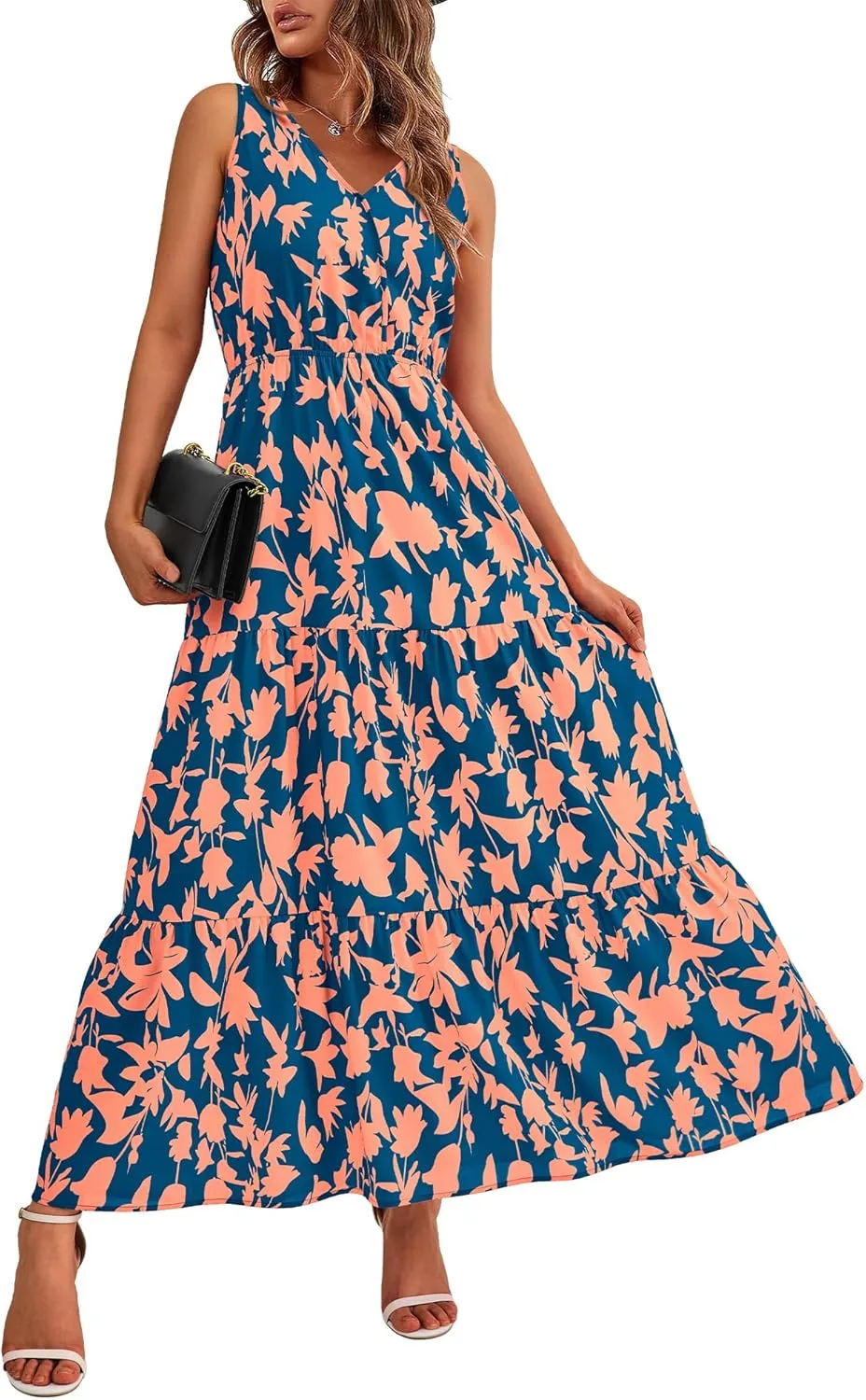 BTFBM Women Summer Dresses Casual Sleeveless Maxi Dresses Cute Floral Long Dress Wedding Guest Dress