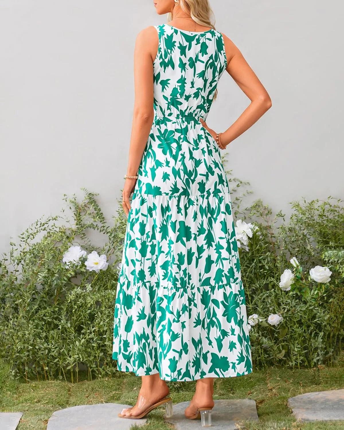BTFBM Women Summer Dresses Casual Sleeveless Maxi Dresses Cute Floral Long Dress Wedding Guest Dress