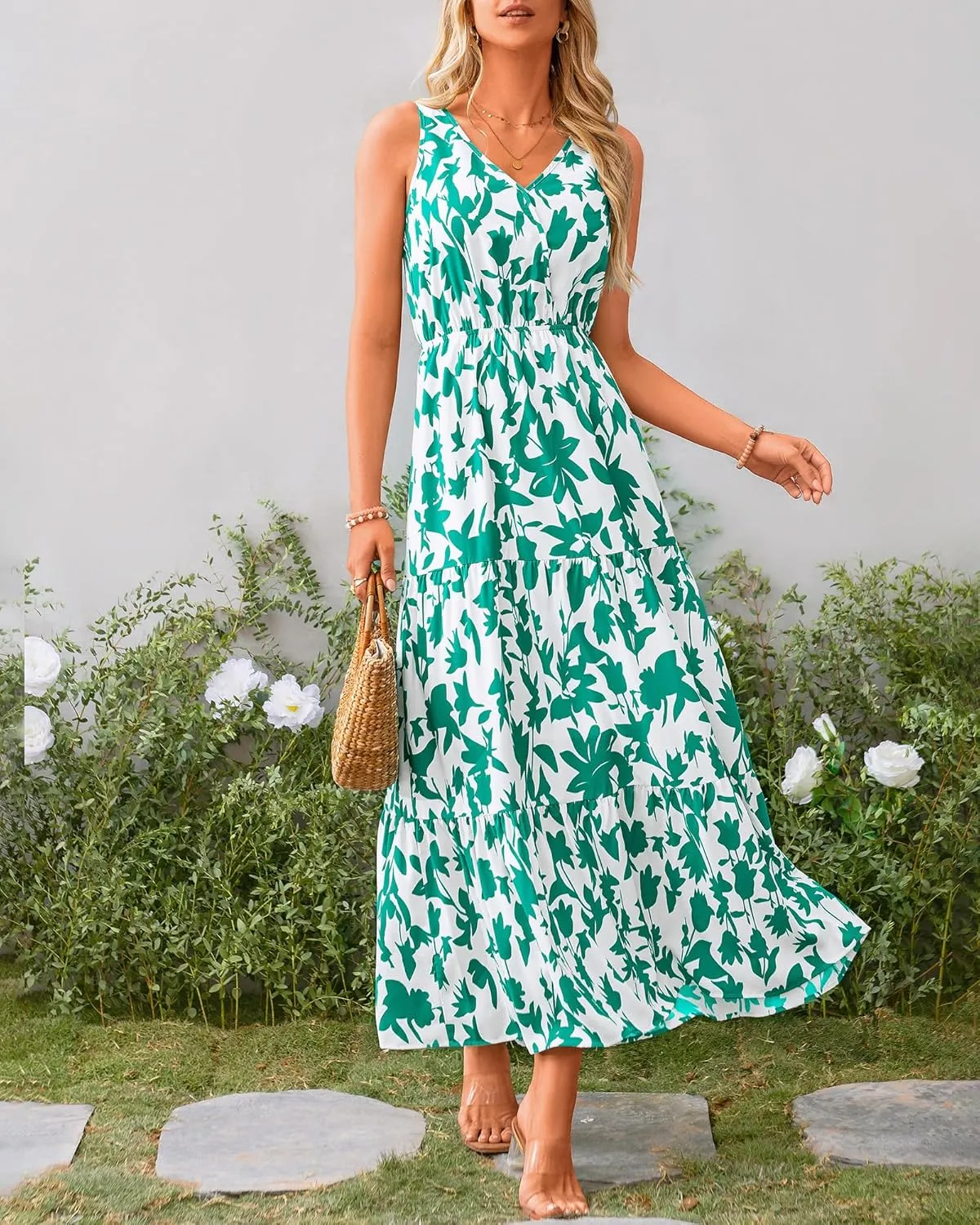 BTFBM Women Summer Dresses Casual Sleeveless Maxi Dresses Cute Floral Long Dress Wedding Guest Dress