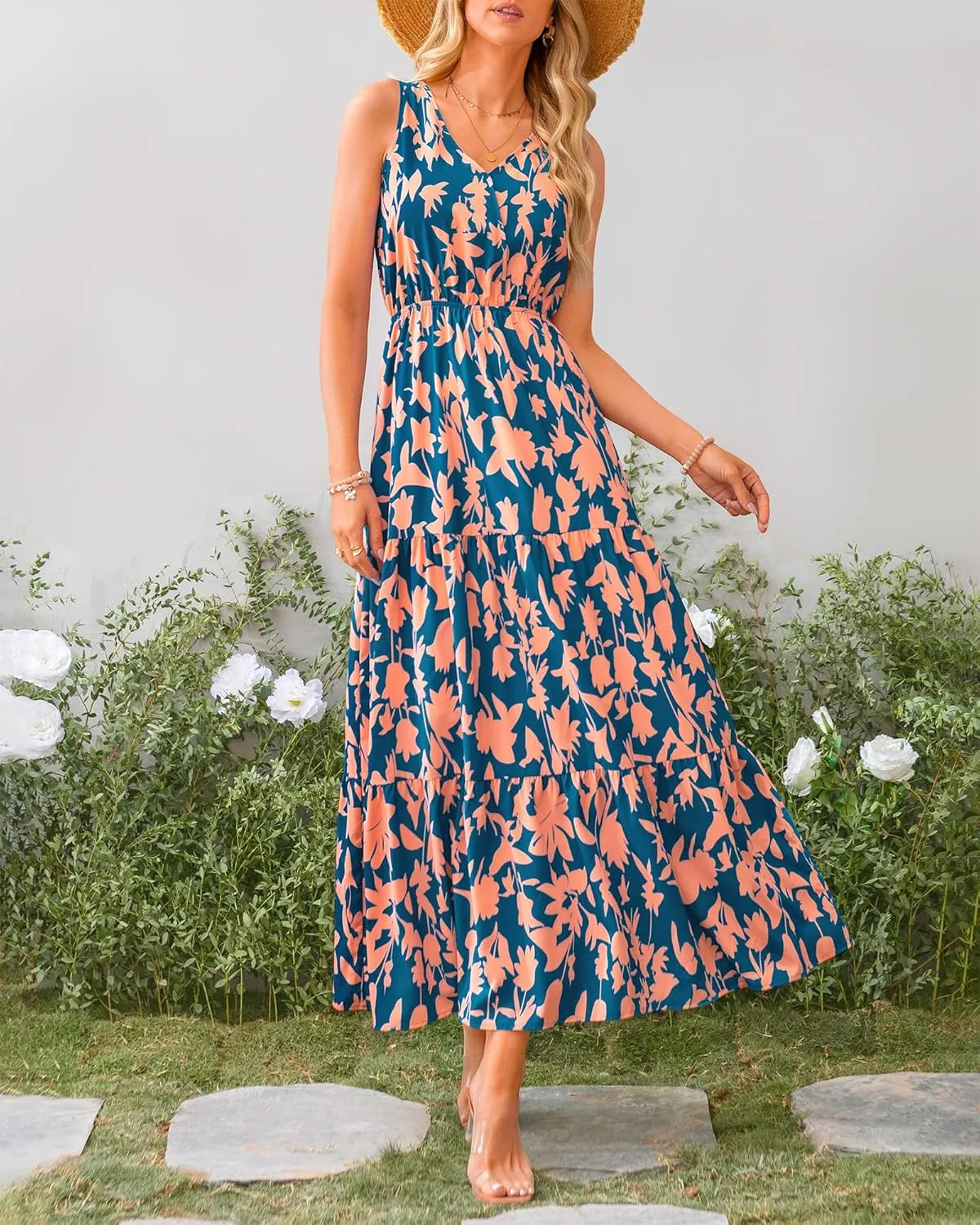 BTFBM Women Summer Dresses Casual Sleeveless Maxi Dresses Cute Floral Long Dress Wedding Guest Dress
