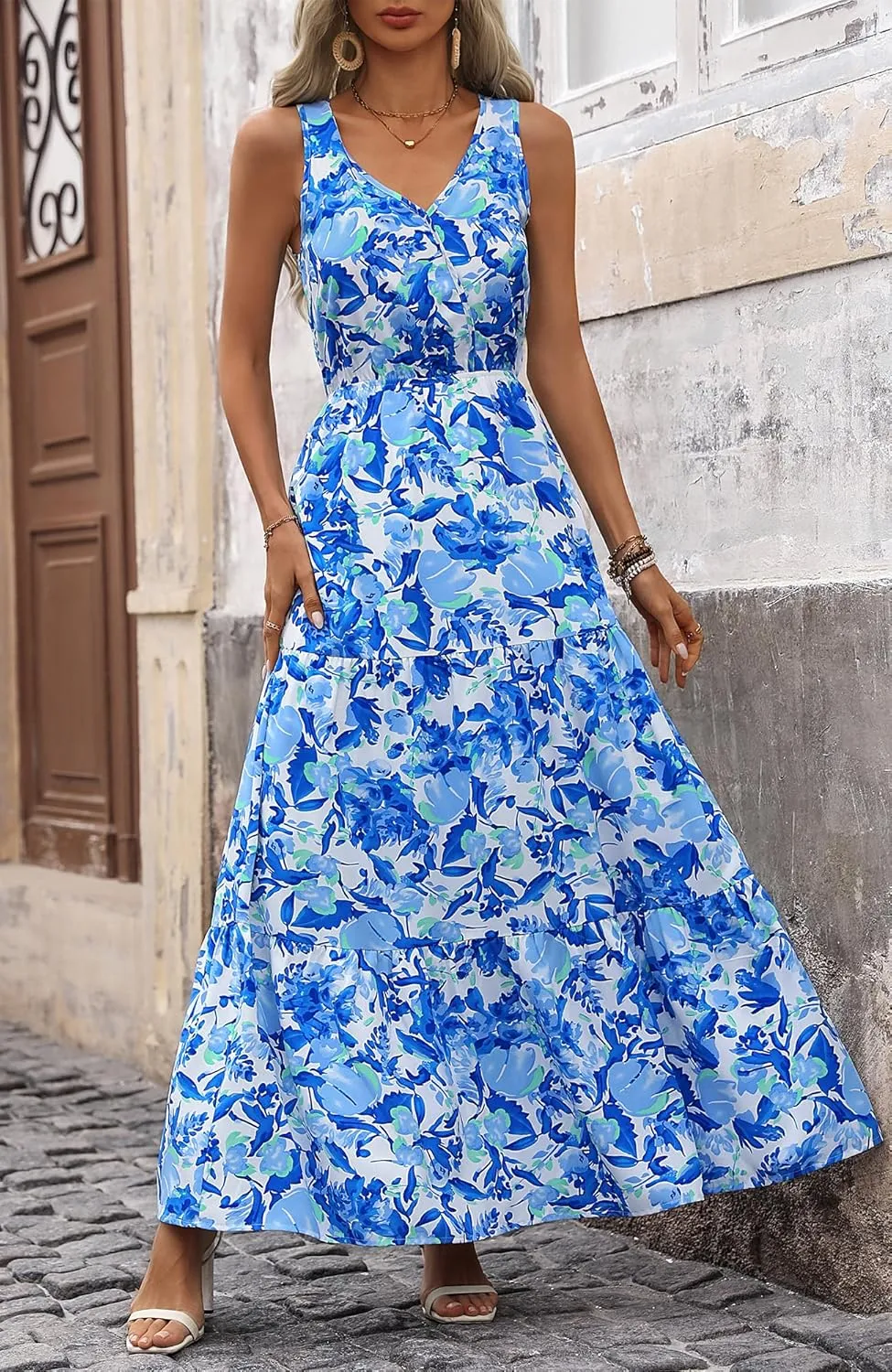 BTFBM Women Summer Dresses Casual Sleeveless Maxi Dresses Cute Floral Long Dress Wedding Guest Dress