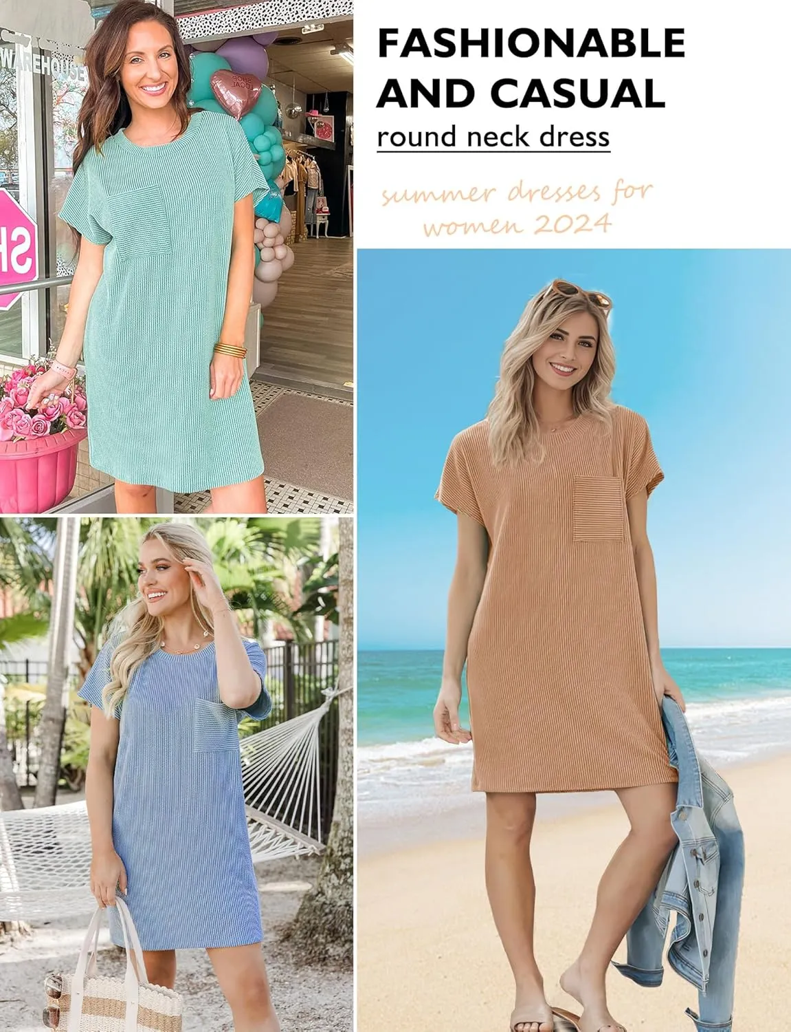 Buauty Womens Casual Summer Dress Crewneck Short Sleeve Striped Ribbed Loose T Shirt Beach Vacation Dresses Outfits 2024