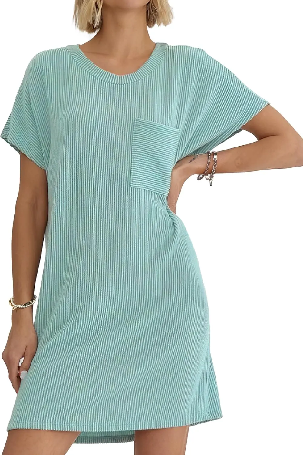Buauty Womens Casual Summer Dress Crewneck Short Sleeve Striped Ribbed Loose T Shirt Beach Vacation Dresses Outfits 2024