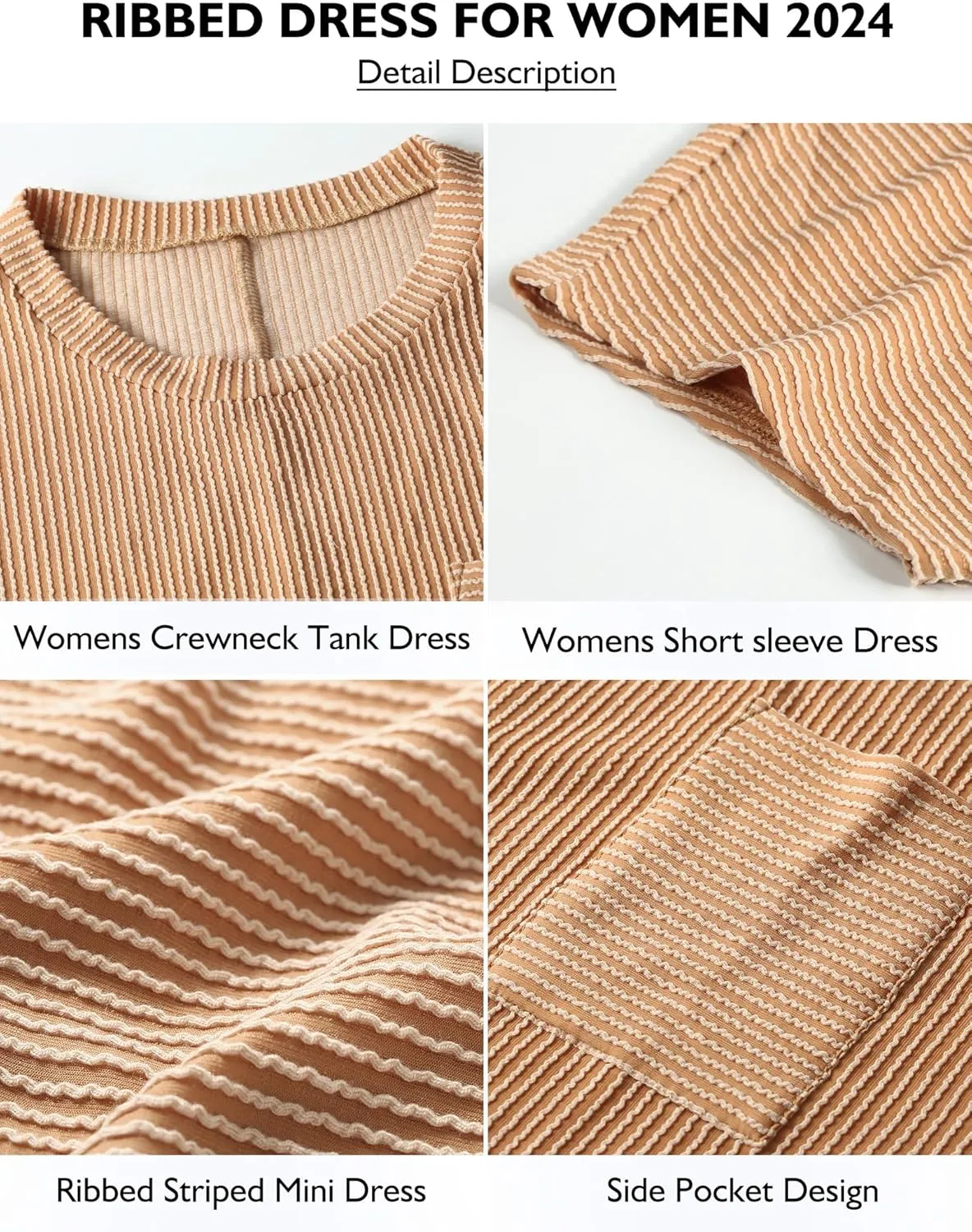 Buauty Womens Casual Summer Dress Crewneck Short Sleeve Striped Ribbed Loose T Shirt Beach Vacation Dresses Outfits 2024