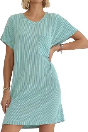 Buauty Womens Casual Summer Dress Crewneck Short Sleeve Striped Ribbed Loose T Shirt Beach Vacation Dresses Outfits 2024